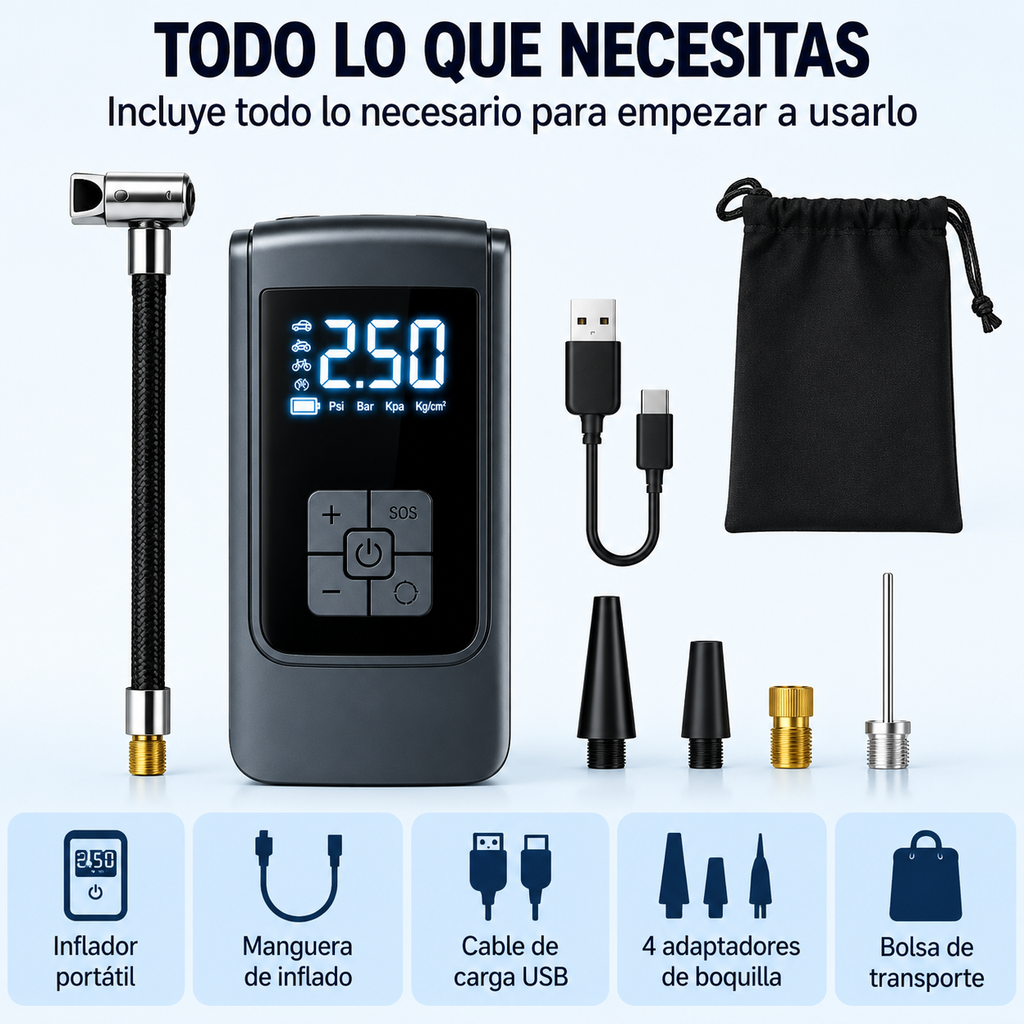 Contenido del kit del inflador portátil: manguera, cable USB, bolsa y cuatro adaptadores