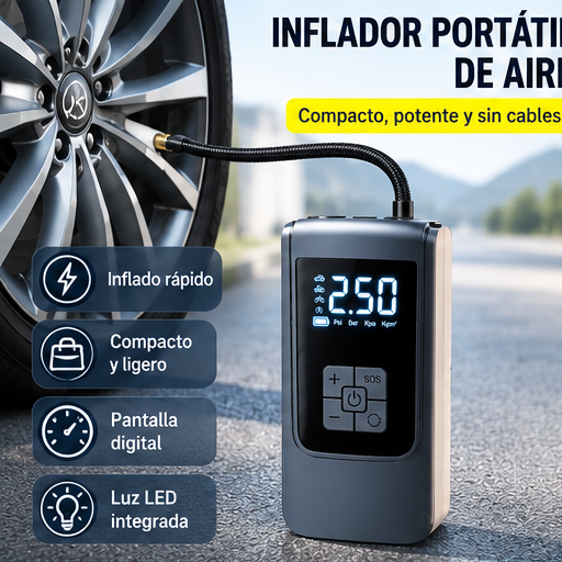 Infografía del inflador portátil, tamaño compacto, pantalla digital y luz integrada