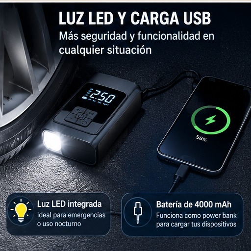 Infografía publicitaria sobre luz y carga USB del inflador